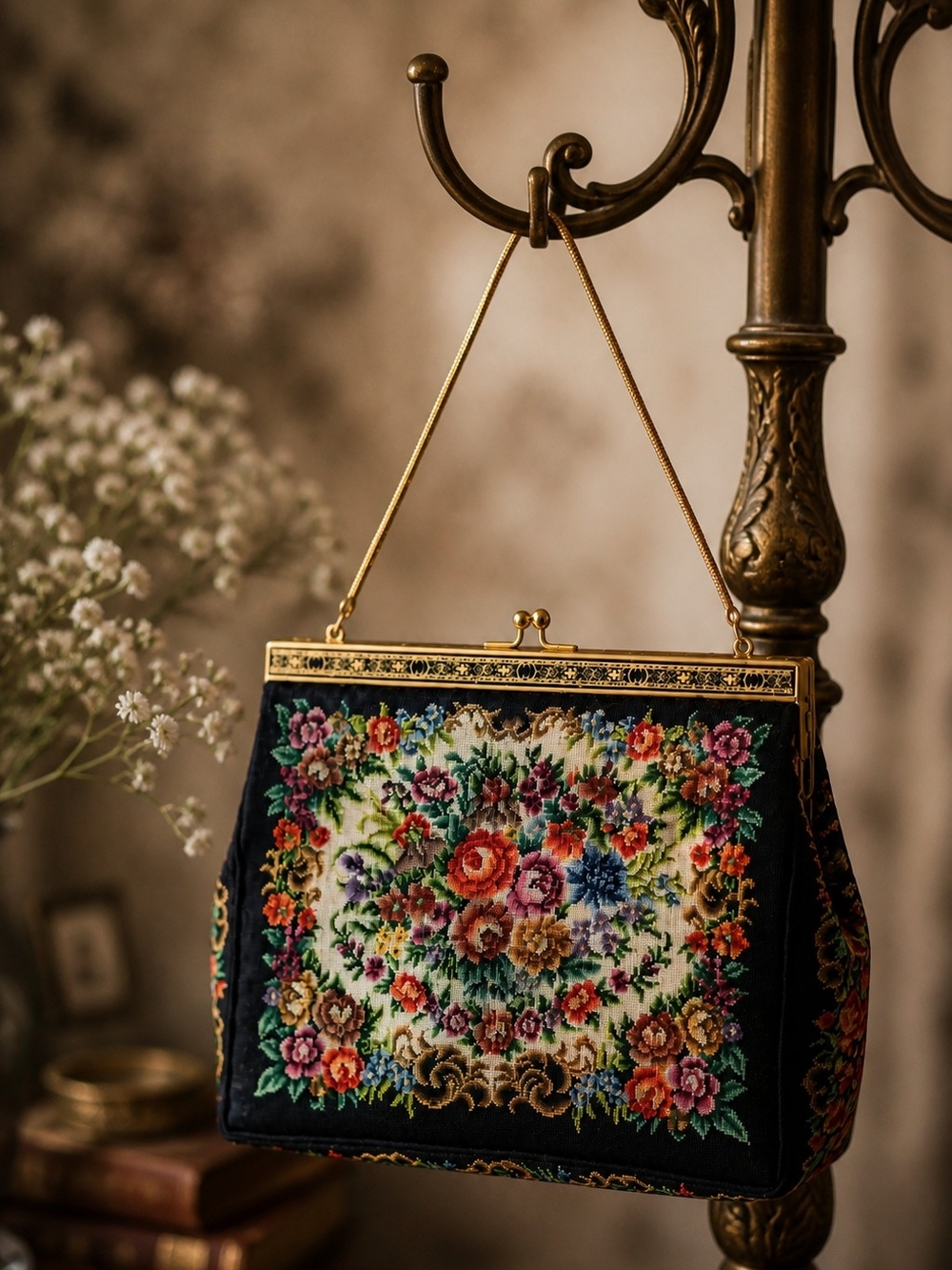 Vintage-Inspired Floral Needlepoint Evening Bag in Black and Multicolor